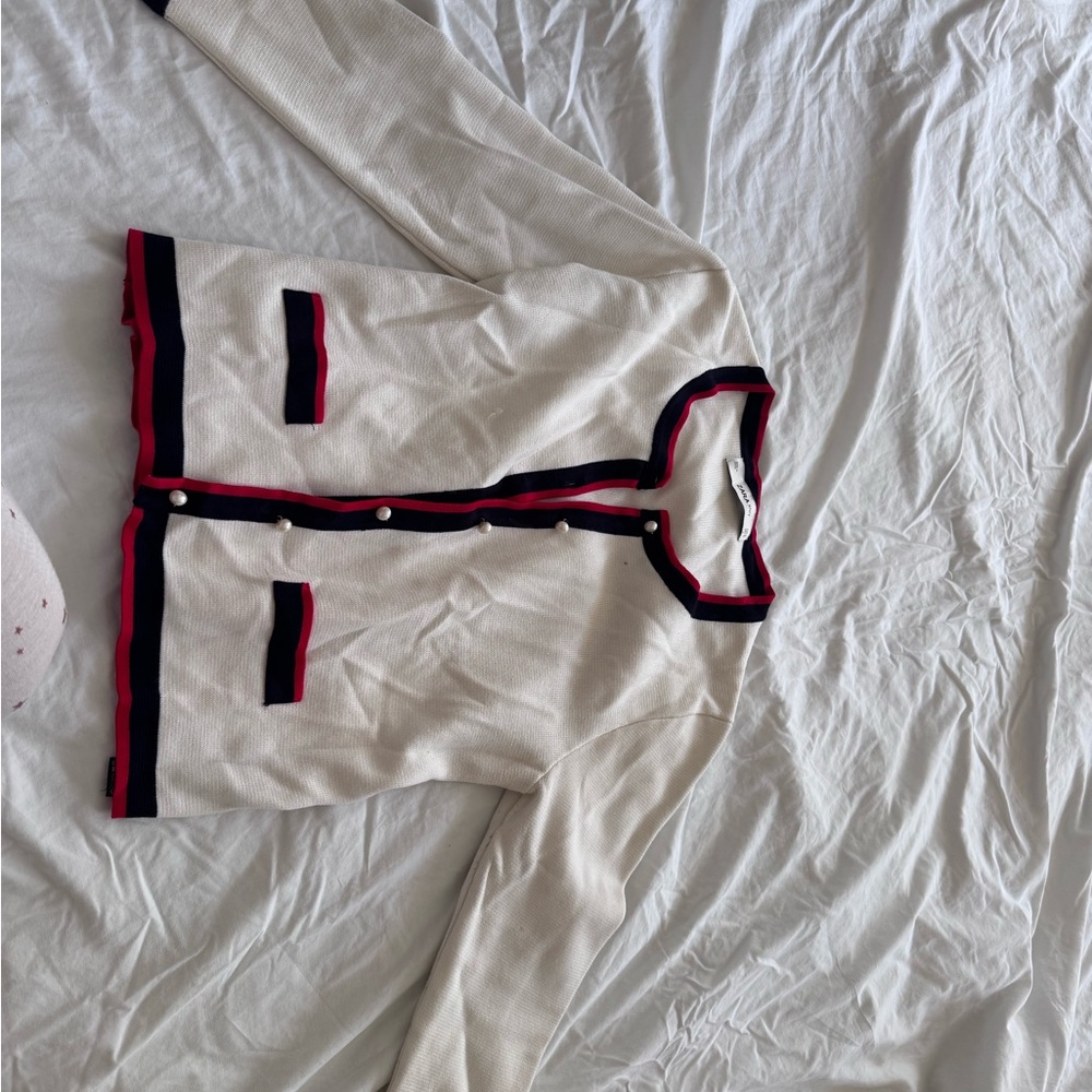 Cream Knit Cardigan with Navy and Red Trim